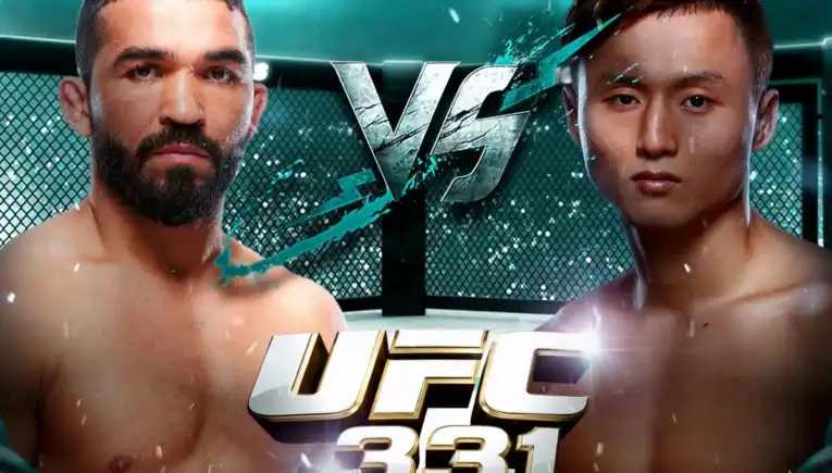 Promotional poster showing two shirtless fighters facing off inside a cage with a bold VS and UFC 331 text.