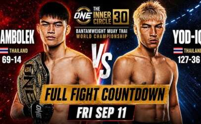 Fight poster for The One Inner Circle 30: Rambolek vs Yod-IQ, bantamweight Muay Thai showdown with 'Full Fight Countdown' banner and date Friday, Sep 11.