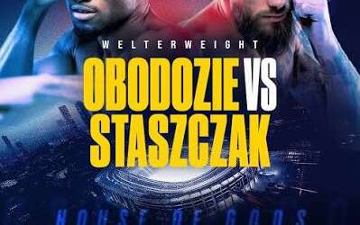 Welterweight boxing poster: Obodozie vs Staszczak facing off, with date 26.09.2026 in Frankfurt at Deutsche Bank Park and Oktagon branding.