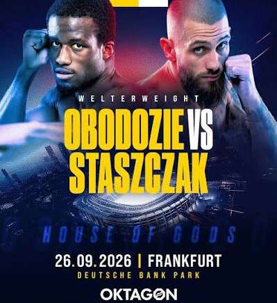Welterweight boxing poster: Obodozie vs Staszczak facing off, with date 26.09.2026 in Frankfurt at Deutsche Bank Park and Oktagon branding.