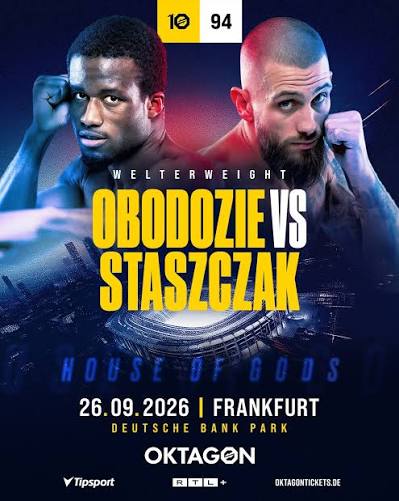 Welterweight boxing poster: Obodozie vs Staszczak facing off, with date 26.09.2026 in Frankfurt at Deutsche Bank Park and Oktagon branding.