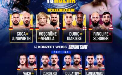 Poster for boxing event ECKERLIN vs KOZMA with main card fighters and prelims, top face-off imagery and national flags behind.