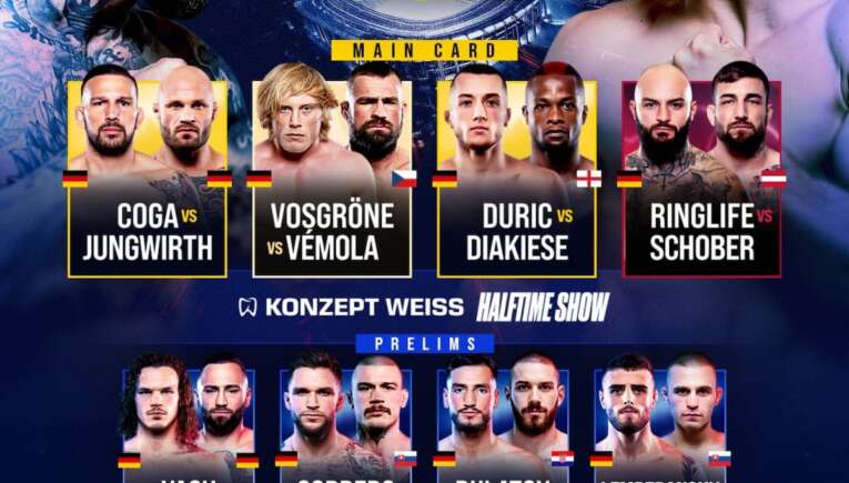 Poster for boxing event ECKERLIN vs KOZMA with main card fighters and prelims, top face-off imagery and national flags behind.