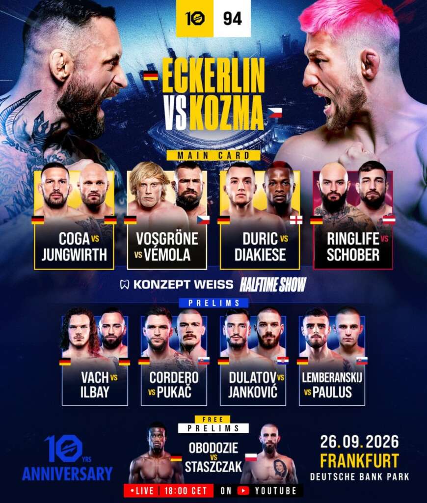 Poster for boxing event ECKERLIN vs KOZMA with main card fighters and prelims, top face-off imagery and national flags behind.