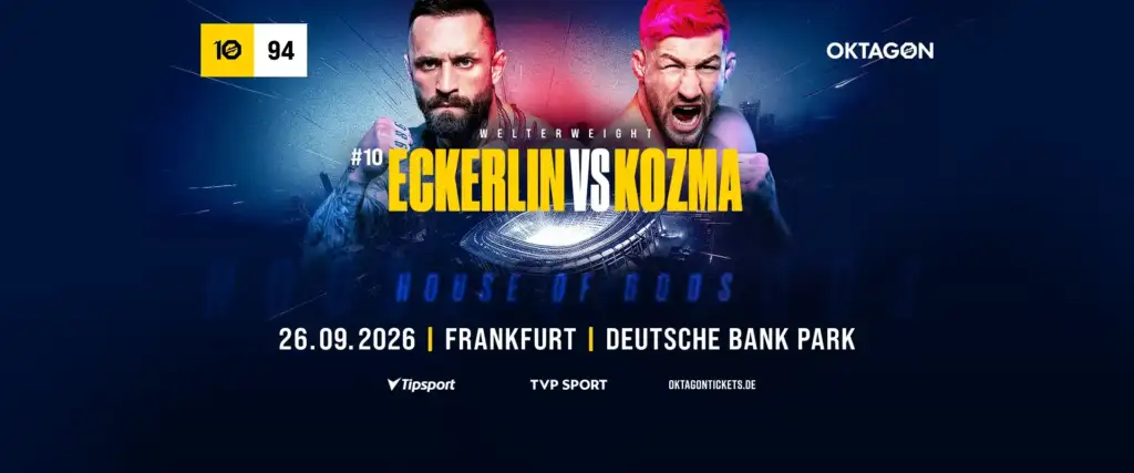 Promotional poster for Eckernlin vs Kozma boxing match, with two fighters facing off and bold yellow text saying 'ECKERLIN VS KOZMA' on a blue background.
