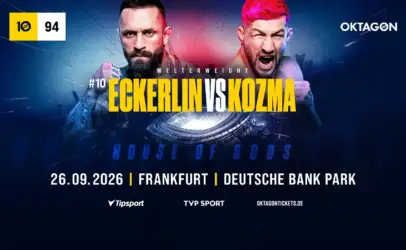 Promotional poster for Eckernlin vs Kozma boxing match, with two fighters facing off and bold yellow text saying 'ECKERLIN VS KOZMA' on a blue background.
