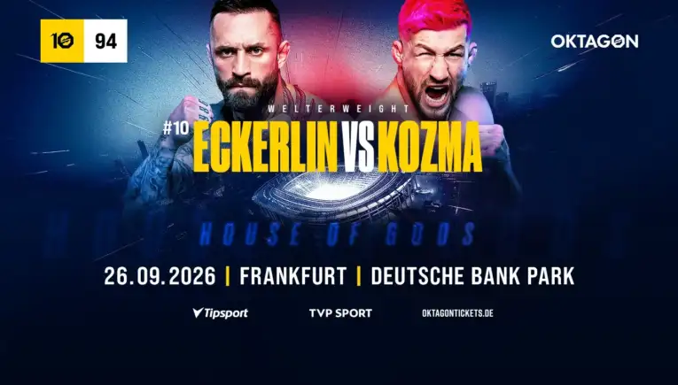 Promotional poster for Eckernlin vs Kozma boxing match, with two fighters facing off and bold yellow text saying 'ECKERLIN VS KOZMA' on a blue background.