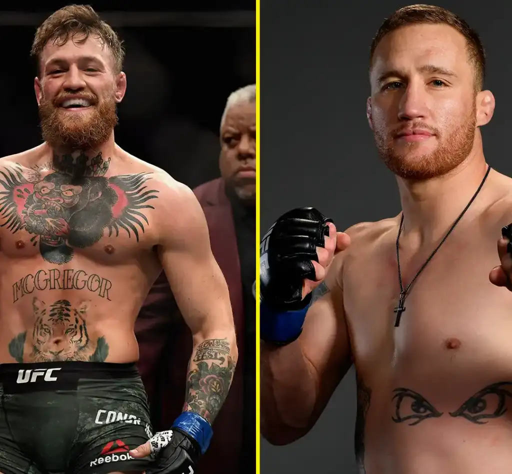 Split image of two male MMA fighters: left, heavily tattooed with a big chest piece and blue gloves, smiling in a crowd; right, shirtless with a red beard, black necklace, and tattoos, posing in a neutral studio backdrop.