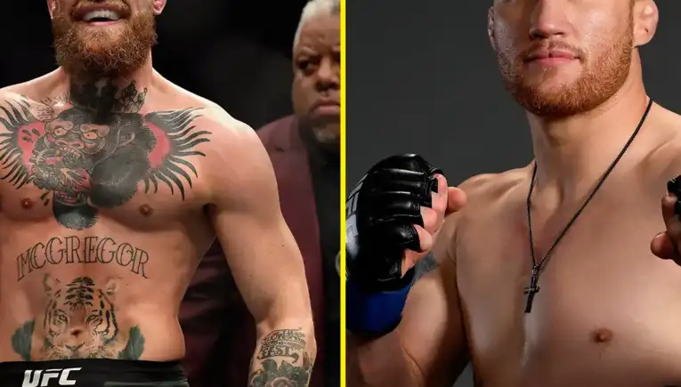 Split image of two male MMA fighters: left, heavily tattooed with a big chest piece and blue gloves, smiling in a crowd; right, shirtless with a red beard, black necklace, and tattoos, posing in a neutral studio backdrop.