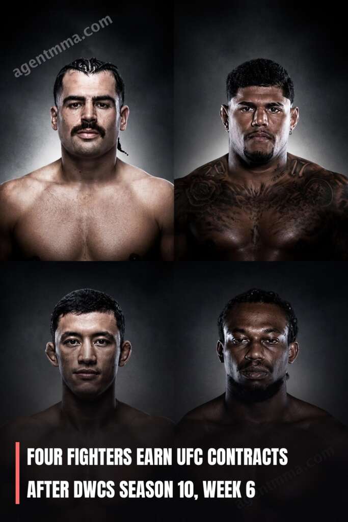 Collage of four shirtless male MMA fighters posed in a 2x2 grid with a DWCS contract headline beneath.