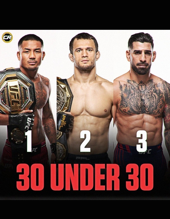 Three UFC fighters pose shirtless with championship belts; numbered 1, 2, 3, under a bold '30 UNDER 30' banner.