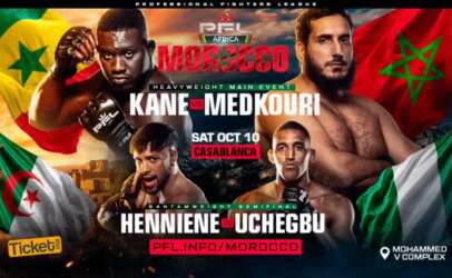 PFL Africa MMA poster: Kane vs Medkouri and Hennie vs Uchegbu, Oct 10 in Casablanca at Mohammed V Complex, flags in the background.