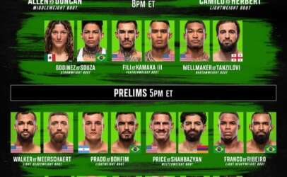 UFC Fight Night poster showing headshots for the main card Allen vs Duncan and Camilo vs Herbert, plus prelims lineup with multiple fighters, flags, and times (Main Card 8pm ET, Prelims 5pm ET) for Oct 10 Saturday.