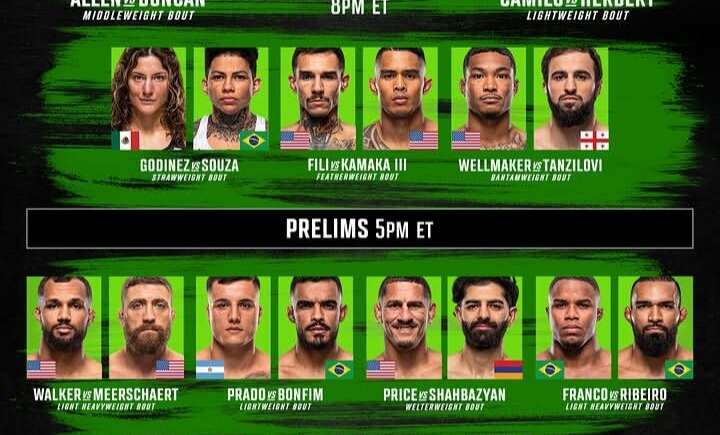 UFC Fight Night poster showing headshots for the main card Allen vs Duncan and Camilo vs Herbert, plus prelims lineup with multiple fighters, flags, and times (Main Card 8pm ET, Prelims 5pm ET) for Oct 10 Saturday.