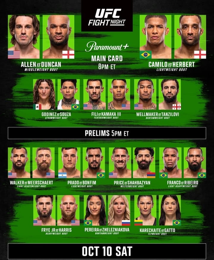 UFC Fight Night poster showing headshots for the main card Allen vs Duncan and Camilo vs Herbert, plus prelims lineup with multiple fighters, flags, and times (Main Card 8pm ET, Prelims 5pm ET) for Oct 10 Saturday.