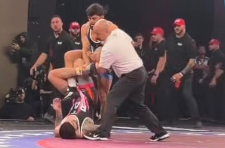 Wrestling match scene: a referee in a white shirt pins a grappler on a red mat while another competitor watches, with audience and photographers in the background.