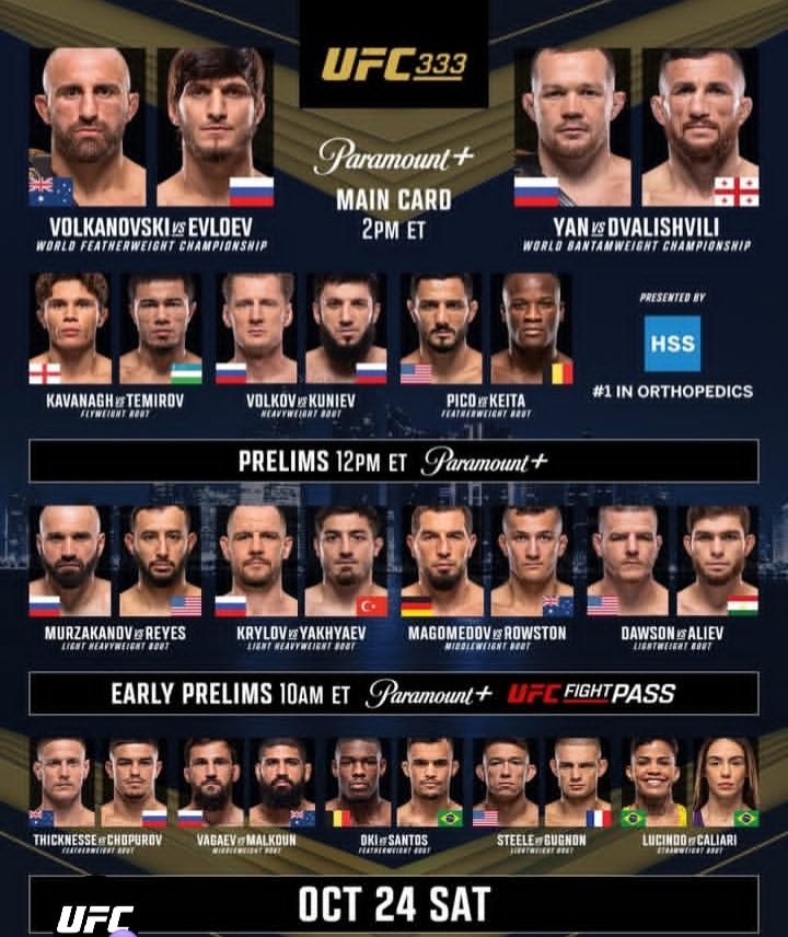 Promotional UFC 333 poster showing multiple fighter headshots, matchups, and event times (Main Card 2 PM ET, Prelims 12 PM ET) with Paramount+ branding and Oct 24 date.