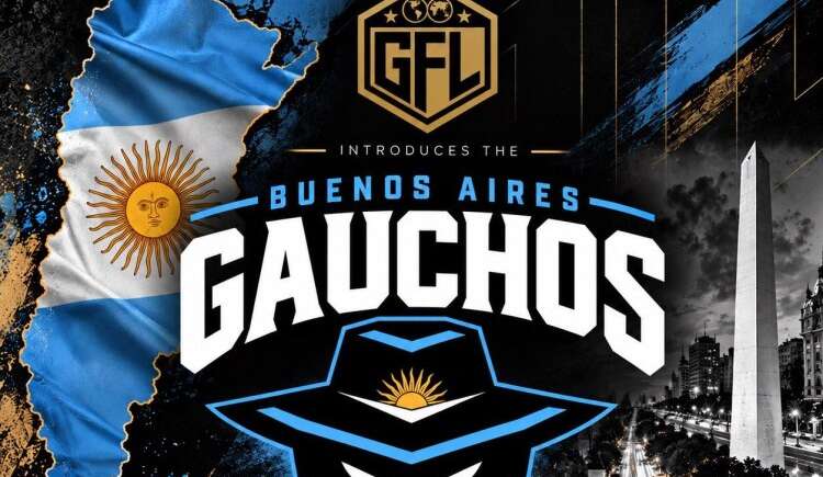 Promotional poster for GFL Buenos Aires Gauchos featuring the Argentine flag, a blue-and-white emblem, and the Obelisk with a city skyline in the background.