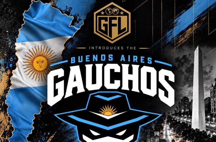 1001288022 - AfroCombat Promotional poster for GFL Buenos Aires Gauchos featuring the Argentine flag, a blue-and-white emblem, and the Obelisk with a city skyline in the background.