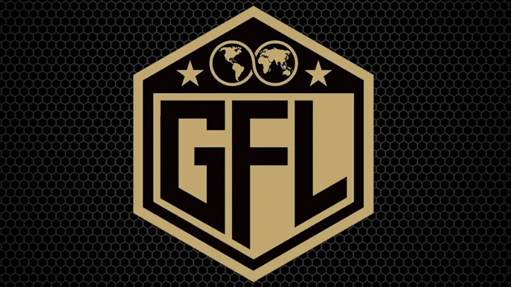 Gold and black hexagonal logo with the letters GFL, world-circle icons and stars on a textured dark honeycomb background, a bold brand mark.