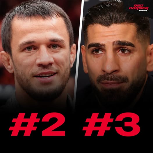 Split image of two male mixed martial artists facing forward; left labeled #2, right labeled #3, with Red Corner MMA logo in the top-right.