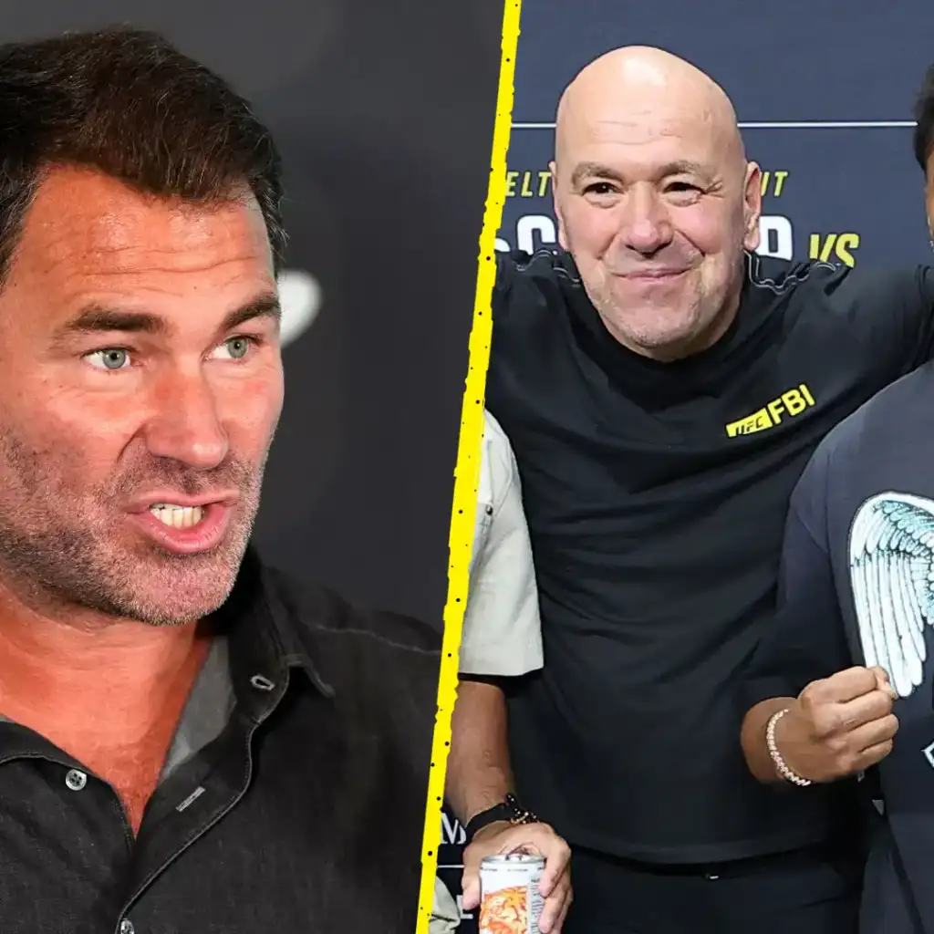 Split image of two men at a media event, divided by a yellow line: the man on the left is speaking and the man on the right is smiling in a black UFC/FBI shirt with a backdrop behind him.