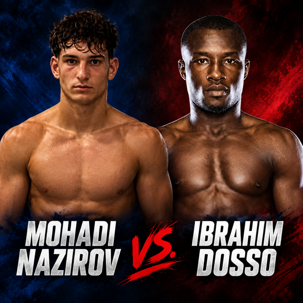 Promotional fight poster with two shirtless male fighters facing the camera: Mohadi Nazirnov vs Ibrahim Dosso, red VS between them.