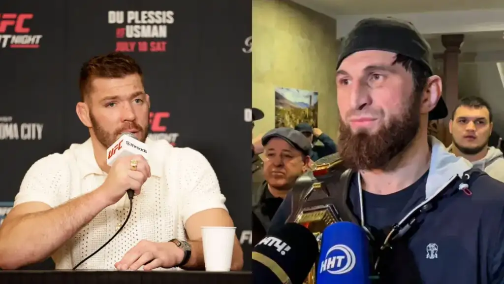 Split-screen: left shows a UFC fighter in a white polo speaking into a microphone at a press conference; right shows a bearded fighter in a cap with a championship belt being interviewed by reporters.