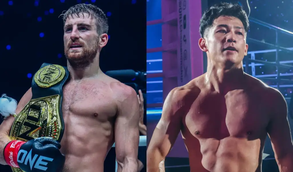 Split-image of two shirtless male fighters; left, a champion wearing a gold belt, right, a challenger in a neon-lit boxing ring.