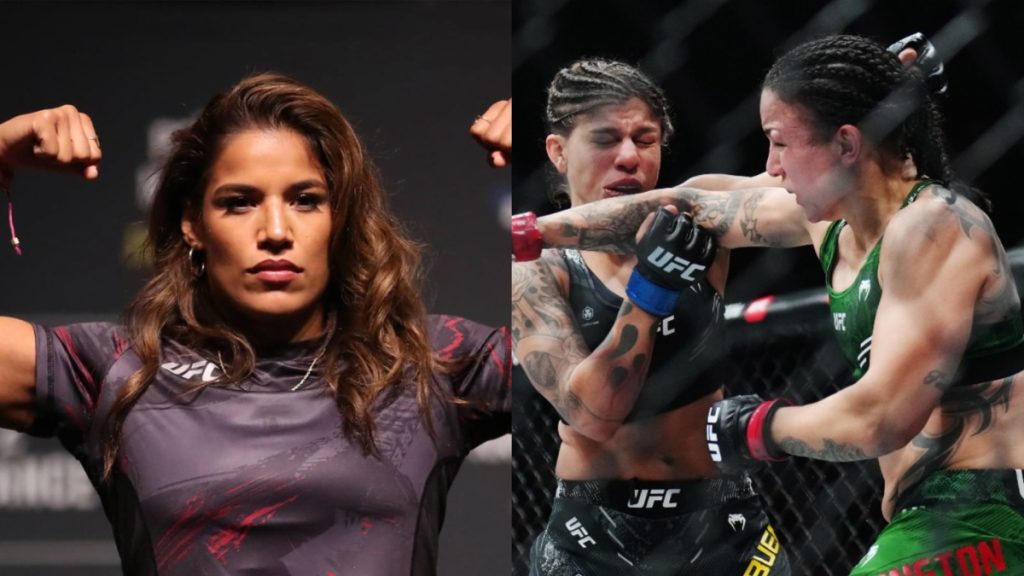 Split image: on the left a female UFC fighter flexing her biceps; on the right two female fighters exchange punches inside the octagon.