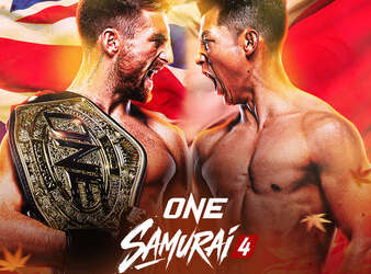 Promotional poster for ONE Championship's One Samurai 4 — Haggerty vs Akimoto — two shirtless fighters facing off with a championship belt; event on Sat Oct 17 at Ariake Arena, Tokyo.
