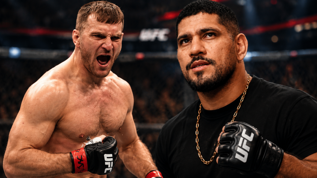 Two UFC fighters inside the cage: one shirtless, shouting in frustration, the other calm with a gold chain and UFC glove.