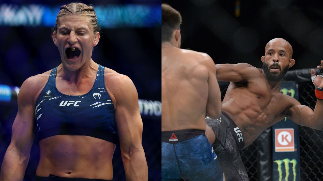 Female UFC fighter in blue top shouts with mouth open, inside fighting arena (left panel).
