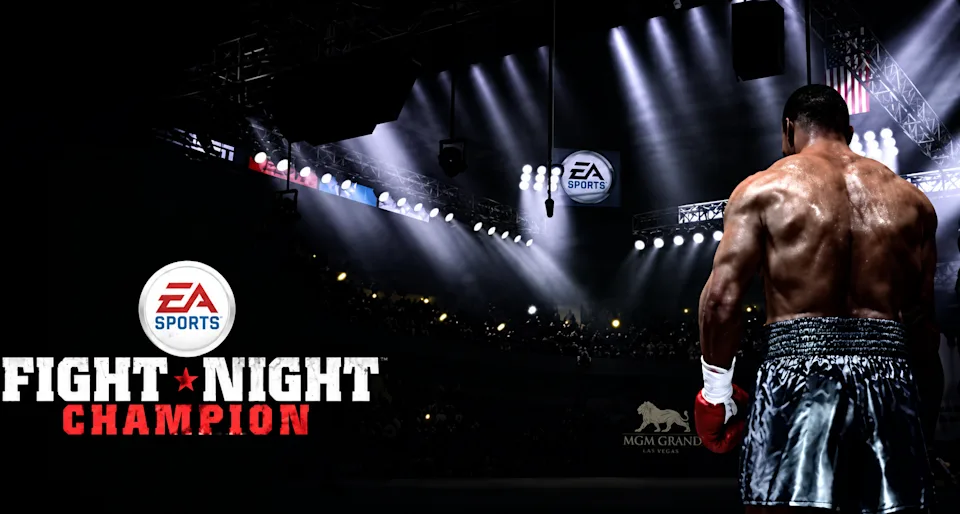 e7f64337bb29ef94598ab299c4d4a05e - AfroCombat Back view of a muscular boxer in silver trunks and red gloves facing a dark arena, with 'FIGHT NIGHT CHAMPION' and EA Sports logos nearby.