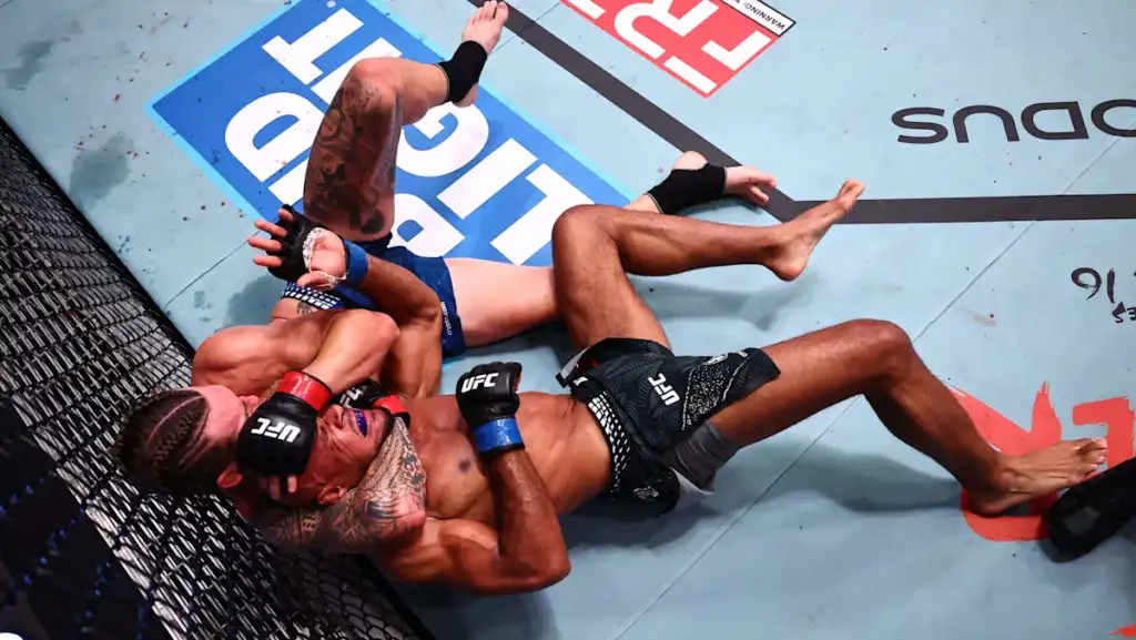 f42e982b84166b51678a8c934ee2e8da - AfroCombat Two UFC fighters grapple on the mat inside the fenced octagon, one on top pinning the other during a ground exchange.
