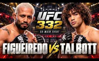 UFC 332 poster showing two shirtless fighters in a hype moment: Figueiredo vs Talbot with bold text and arena lights in the background.