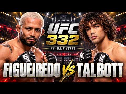 UFC 332 poster showing two shirtless fighters in a hype moment: Figueiredo vs Talbot with bold text and arena lights in the background.