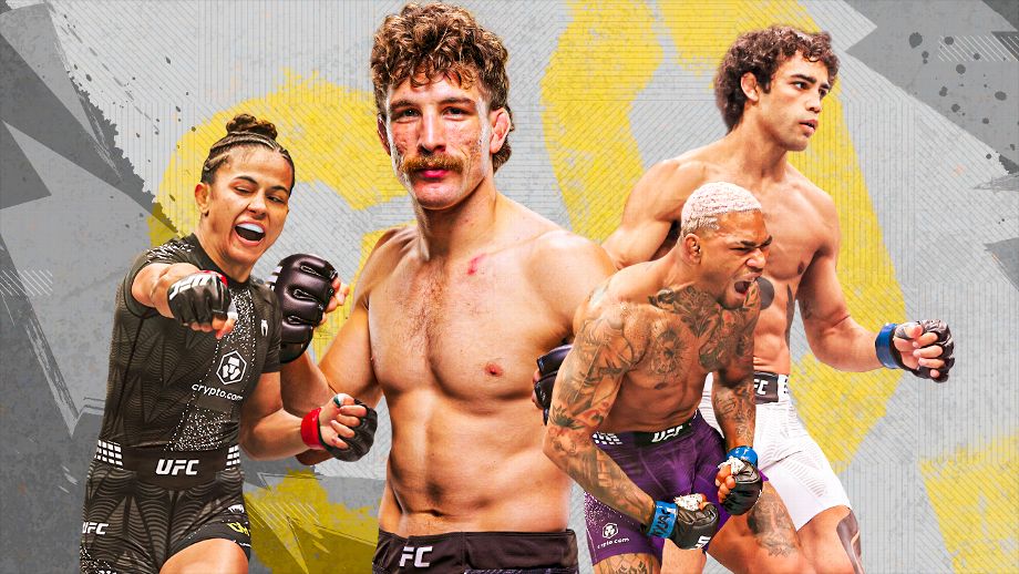 Collage of four UFC fighters in action against a gray and yellow abstract background.