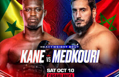 PFL Africa Morocco poster advertising Kane vs Medkouri heavyweight bout, Oct 10 in Casablanca with Moroccan and Senegalese flags in the background.