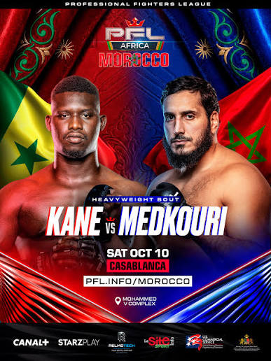 images 22 - AfroCombat PFL Africa Morocco poster advertising Kane vs Medkouri heavyweight bout, Oct 10 in Casablanca with Moroccan and Senegalese flags in the background.