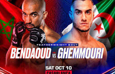 Fight poster for PFL Africa showing two male MMA fighters facing off, with flags of Morocco and Algeria in the background and bold event details (Casablanca, Oct 10).