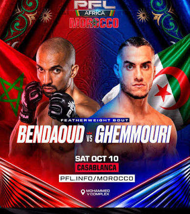 Fight poster for PFL Africa showing two male MMA fighters facing off, with flags of Morocco and Algeria in the background and bold event details (Casablanca, Oct 10).