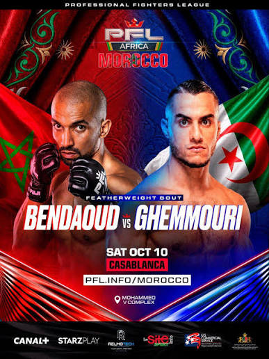 Fight poster for PFL Africa showing two male MMA fighters facing off, with flags of Morocco and Algeria in the background and bold event details (Casablanca, Oct 10).