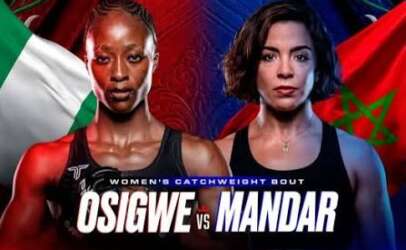 Poster for PFL Africa Morocco: Osigwe vs Mandar in a women’s catchweight bout, fighters flank flags of Morocco and Nigeria, event in Casablanca on Oct 10.