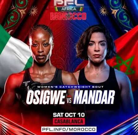 Poster for PFL Africa Morocco: Osigwe vs Mandar in a women’s catchweight bout, fighters flank flags of Morocco and Nigeria, event in Casablanca on Oct 10.