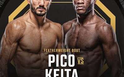 UFC 333 featherweight bout poster: Pico vs Keita, shirtless fighters facing the camera, October 24, with UFC branding in the top and a dark geometric background.