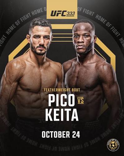UFC 333 featherweight bout poster: Pico vs Keita, shirtless fighters facing the camera, October 24, with UFC branding in the top and a dark geometric background.