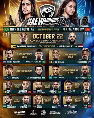 Promotional poster for UFC Warriors 74 featuring the event date and location (October 22, Abu Dhabi) with top-billed fighters and a roster of undercard bouts across multiple weight classes.