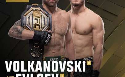 UFC 333 poster showing Volkanovski vs Evleev for the World Featherweight Championship, with Volkanovski holding the belt and both fighters shirtless. Includes date Oct 24 and venue Etihad Arena.