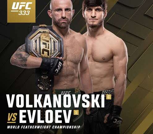UFC 333 poster showing Volkanovski vs Evleev for the World Featherweight Championship, with Volkanovski holding the belt and both fighters shirtless. Includes date Oct 24 and venue Etihad Arena.